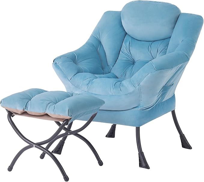 Tiita Lazy Chair with Ottoman, Blue Chiars Modern Large Accent Armchair, Comfy Leisure Sofa Reading Chair with Footrest for Bedroom, Living Room, Dorm Rooms, Garden, Velvet Light Blue