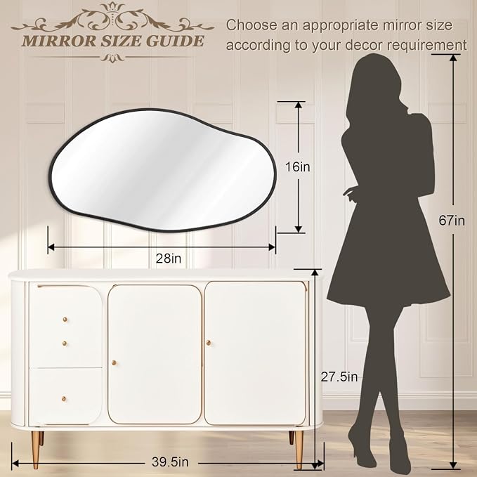 Irregular Wall Mirror, Black Wall Mirrors Decorative 30"x18" Asymmetrical Bathroom Mirrors Aluminum Alloy Frame for Bedroom, Living Room, Cloakroom, Entryway Large