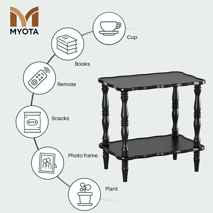 Solid Wood End Table Living Room - 23.6" H Small Narrow Rectangle Wooden End Table for Small Spaces, Dark Real Black Solid Wood Vintage Antique Side Bedside Table Nightstand with 2-Tier Storage