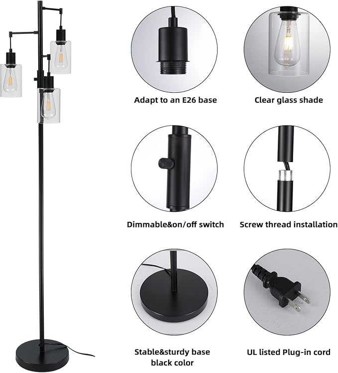 3 Lights Floor Lamp, Industrial Tree Lamp for Living Room Bedroom, Black Modern Dimmable Farmhouse Standing Lamp, Tall Pole with Clear Glass Shade