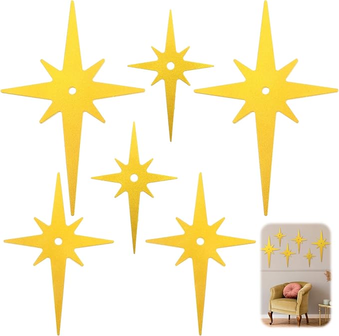 Yalikop 6 Pcs Mid Century Modern Starburst Wall Art Decor 8 Pointed Hangings Wooden Stars Whimsigoth Modern Retro Midcentury Wall Art for Home Bedroom Bathroom Office(Gold)