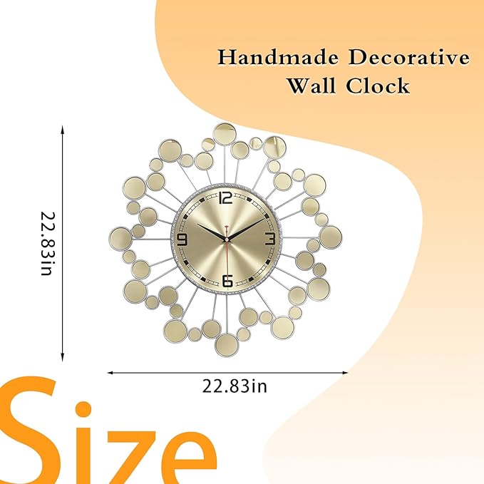 Mid Century Modern Silver Silent Wall Clock Non Ticking for Living Room, 23 inch Decorative Round Black Clock for Wall, Unique Metal Fancy Clock Wall Decor for Bedroom Entryway