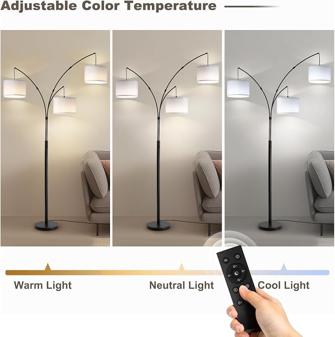 Floor lamp with Remote, 3 Light Arc Floor Lamps for Living Room, 2400LM Tall Standing Floor Lamps with White Shades, 80" Large Floor Lamp for Bedroom, Office