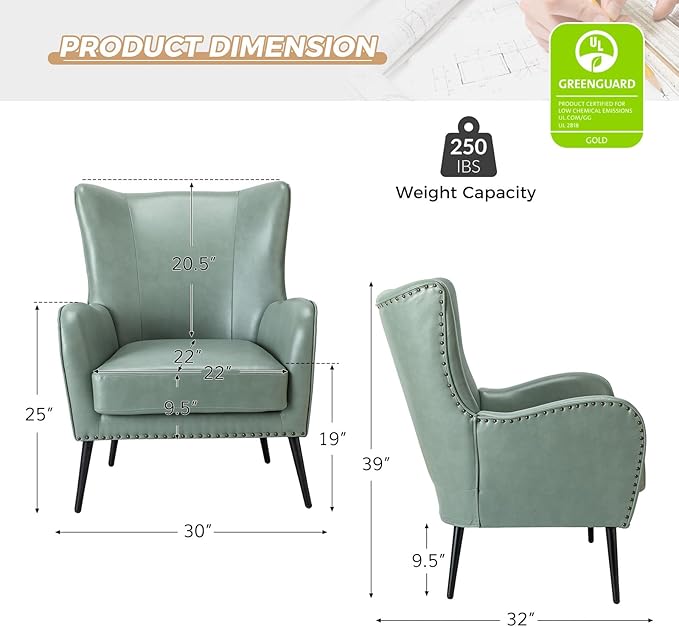 HULALA HOME Faux Leather Accent Chair Set of 2 with Removable Cushion, Comfy Upholstered Armchair with Metal Legs & Nailhead Trim Wingback Vanity Chair for Reading Living Room Bedroom, SAGE