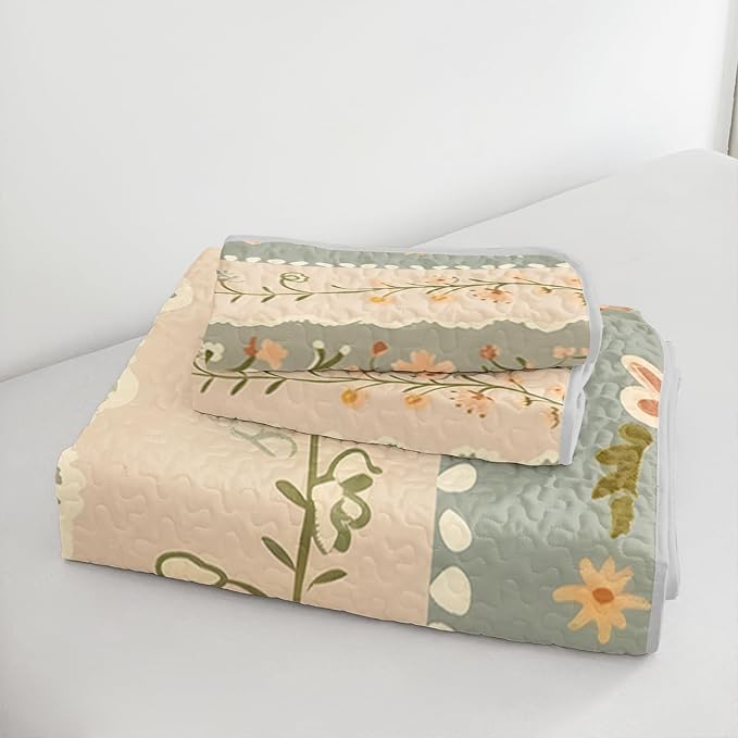 AILONEN King Quilted Comforter Set 3 Piece, Luxury Floral Vertical Bedspread Coverlet with 2 Pillowcases, Premium Apricot Bloom Bedding for Adults Suite Home Decor Upgrade Classic Forest