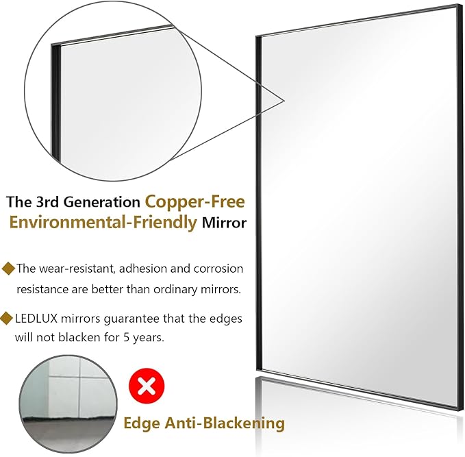 30x48 Inch Black Bathroom Mirror, Copper-Free Mirror, Aluminum Alloy Frame Vanity Mirror, Rectangle Wall Mounted Mirror, Modern Mirror for Bedroom/Living Room/Porch Horizontal or Vertical