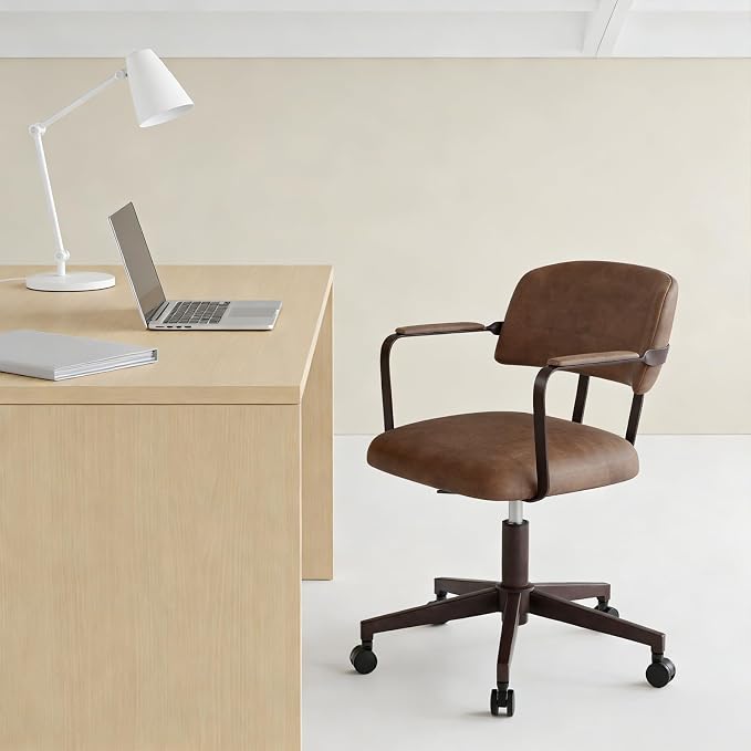 Home Office Desk Chair, Mid-Century Modern Desk Chair with Padded Arms, Adjustable Seat Height, Mid Back 360° Small Computer Chair with Mobile Mute Wheel, PU Leather (Brown)