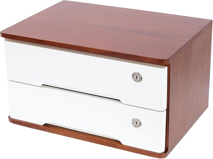 Desktop File Organizer with Lock, 2/3/4 Tier Multi-Drawer Wooden Storage Cabinet, Office Supply Organizer for Home Desk, Study & Workplace (Wine Red + White, 2 Layers)