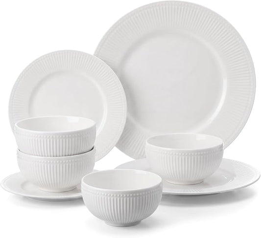 Domensi Ceramic Dinnerware Sets, Embossed Stoneware Plates and Bowls Sets Service for 2(Two More Bowls), Vertical Ribbed Embossed Pattern Oven, Microwave, Dishwasher Safe, Housewarming Wedding Gift