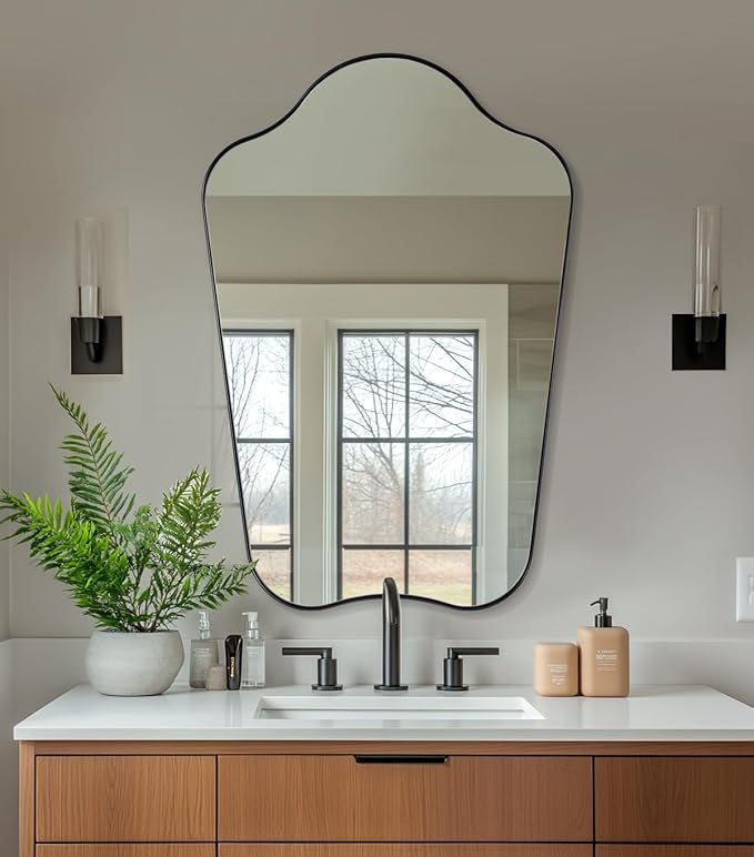 ANDY STAR Scalloped Bathroom Mirror, 24x36 Black Irregular Mirror with Curved Design, Wavy Wall Mirror for Vanity, Powder Room, Stainless Steel Frame, Anti-Rust
