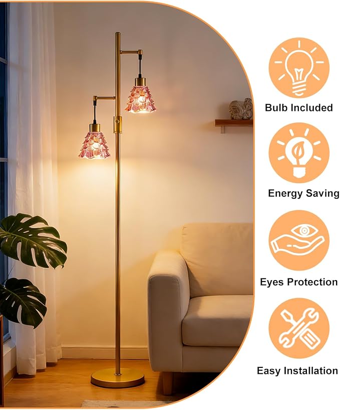 2-Light Modern Glass Floor Lamp, Gold Standing Tall Lamp with Deep Red Shell Glass Shade, Dimmable LED Floor Lamp with 5Lbs Heavy Base for Living Room Bedroom Home Decor, Bulb Included