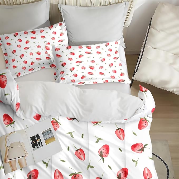 Comforter Set with Pillowcase Twin Size, Cute Red Strawberry Fruit, Bed Decor Pink Strawberries Party Girly for Kids and Adults, Soft Cozy Bedroom Bedding Set