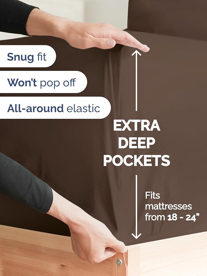 Extra Deep Full Sheet Set - 6 Piece Breathable and Cooling Sheets - Hotel Luxury Bedding for Women, Men, Kids & Teens - Easy & Secure Fit - Soft, Wrinkle Free and Comfy - Extra Deep Pockets - Brown