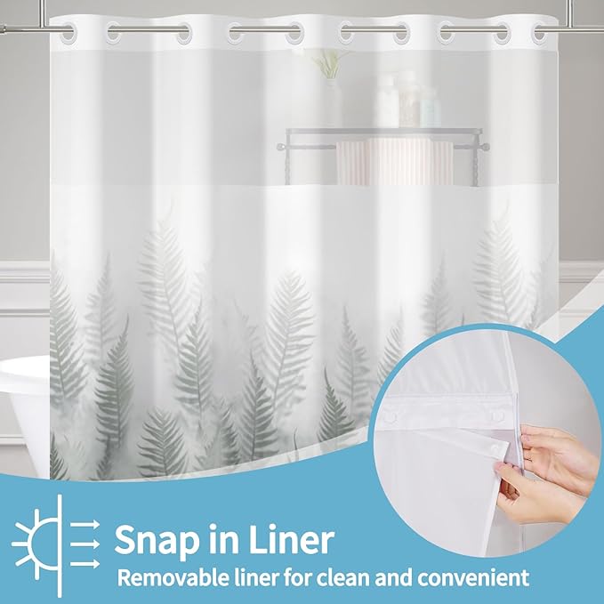 Fern Leaves Shower Curtain with Snap in Liner Gradient White Green Fabric Cloth Bath No Hook Shower Curtains with Mesh Top Window Waterproof Bathroom Curtain Set 71Wx74H