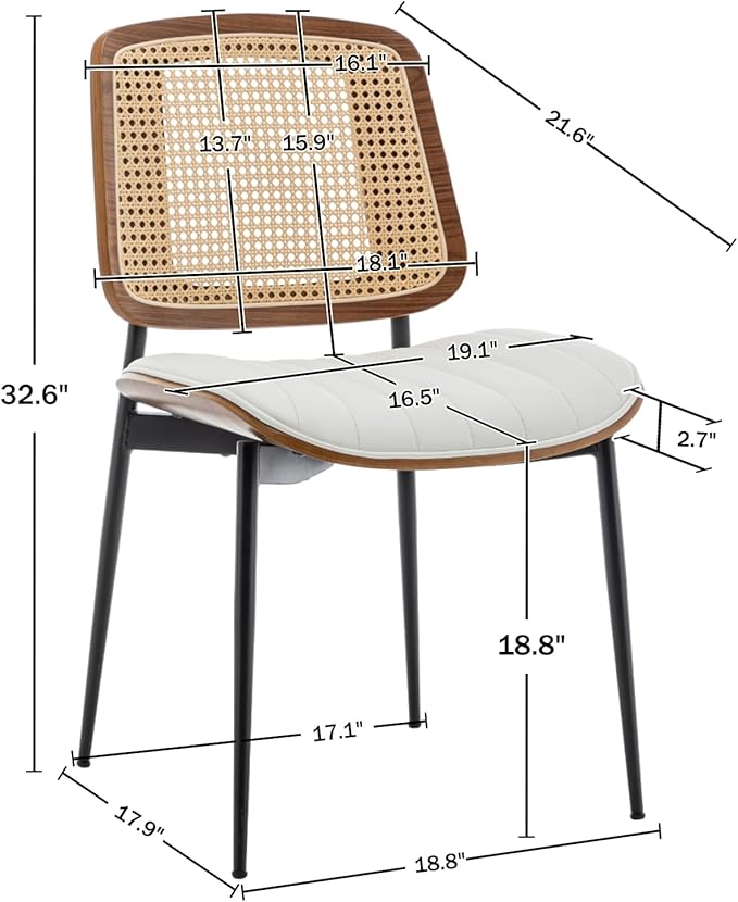 Rattan Dining Chairs Set of 4,Mid Century White PU Leather Kitchen Chairs,Upholstered Seat Metal Legs Chairs with Adjustable Foot Pads,Walnut Armless Side Chairs
