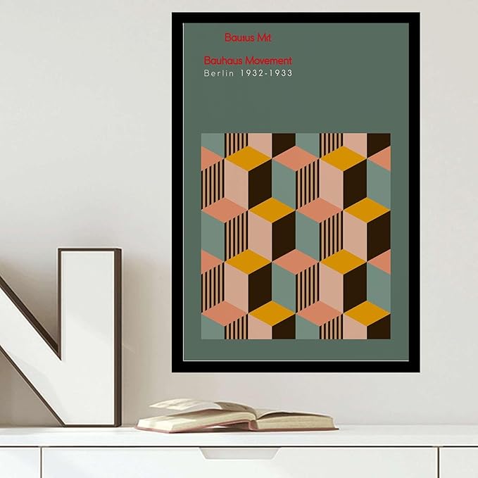 Canvas Painting Poster and Print Bauhaus Exhibition Poster Geometric Minimalist Abstract Wall Art Print Mid Century Modern Orange Sage Green Decor Modern Art Decoration for Living Room Bedroom and Office 8x12inch Solid wood