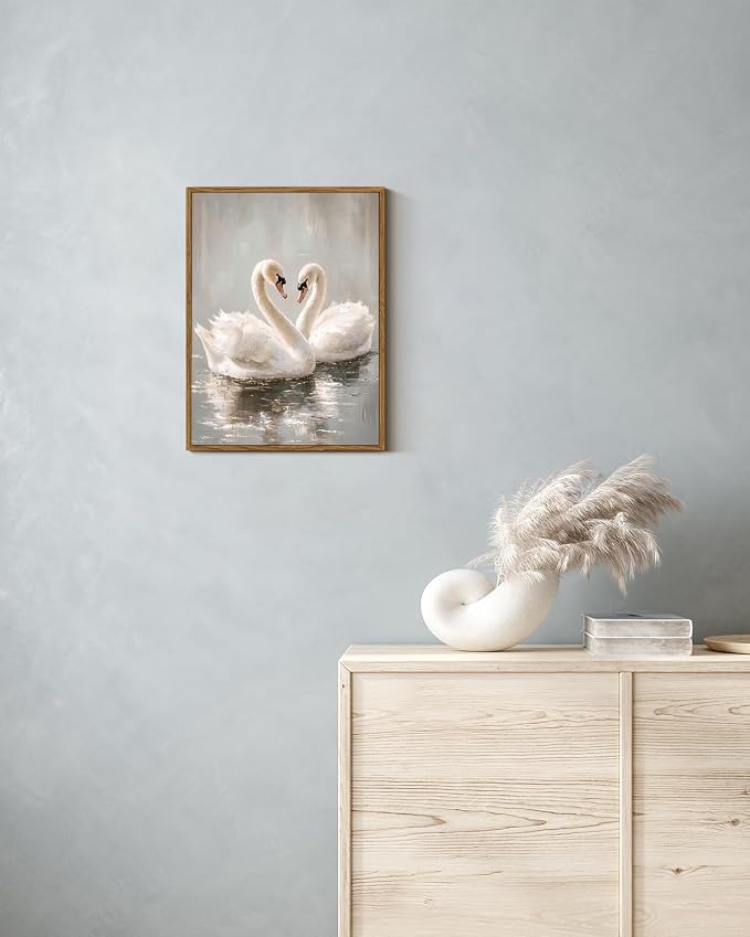 ARPEOTCY Vintage Framed Canvas Wall Art, Vintage Grace Swan Wall Art for Living Room Bedroom Office, Classial Retro Swan Framed Poster Bathroom Decor Aesthetic, 12x16 Inch