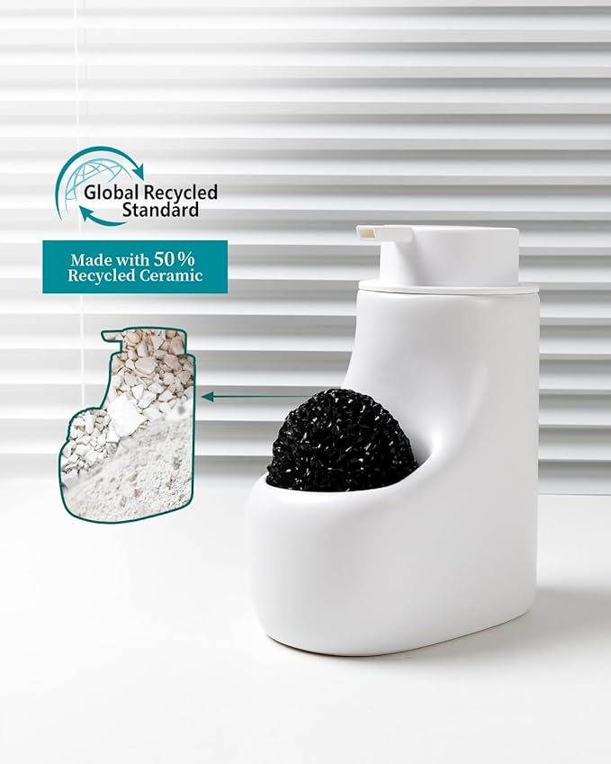 Ceramic Lotion Dispenser - 12 oz Bathroom Hand Pump Dispenser Hand Dish Soap Dispenser Bottles Black Pump Dish Liquid Dispenser for Kitchen… (Ceramic, White Foam Dispenser with Sponge)
