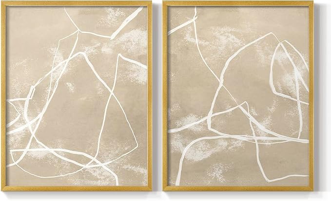 Renditions Gallery Set of 2 Peel & Stick Framed Prints, Neutral Abstract Wall Art, Beige Line Art Pattern Wall Decor, Re-Stickable - Ready to Hang - 16"x20" - GOLD Frame LT588