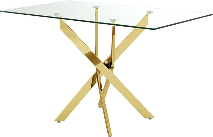 Tempered Glass Dining Table with Chromed Legs, 47" Modern Rectangular Kitchen Table for Dining Room Kitchen,Gold