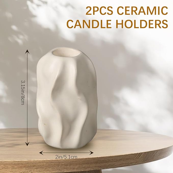 2 Pcs White Ceramic Pillar Candle Holders, Classic Elegant Candle Stands for Wedding, Dinner Party, French Country Fireplace & Home Decor