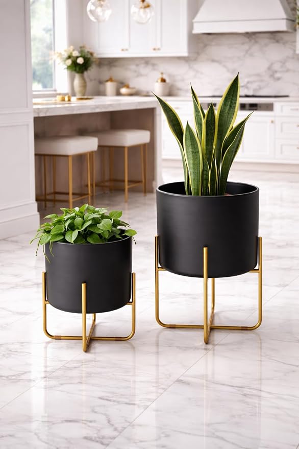Kirpi Modern Planter Pots, Set of 2 Round Large Black Planters with Gold Stand, Decorative Floor Planters, Metal Pots with Drainage Holes for Living Room, Office, Garden, 9 and 11 Inch Diameter
