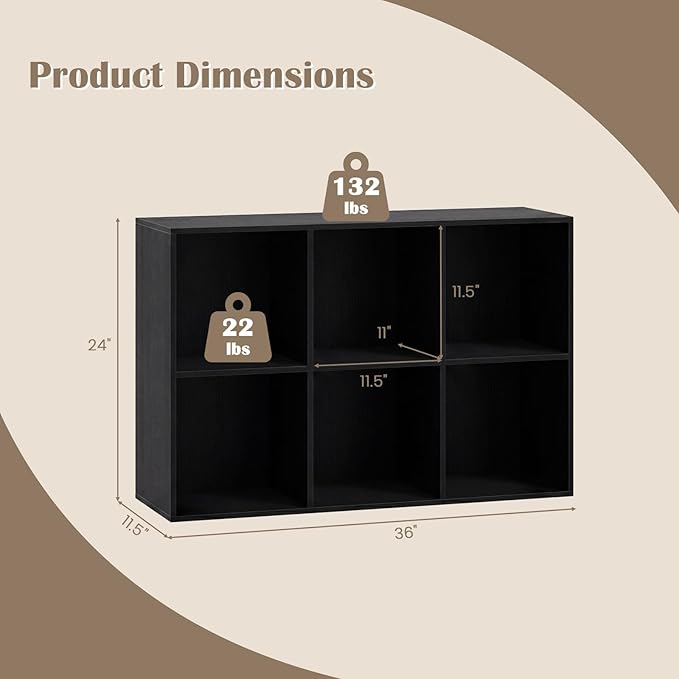 Tangkula 6-Cube Bookcase, Large Floor Standing Horizontal Bookshelf with 6 Open Shelves & 2 Anti-Tipping Kits, Home Office Wooden Storage Book Shelf for Living Room, Study (Black, 6-Cube)