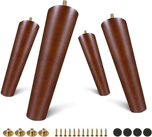 FoDau770 Brown Rubber Wood Furniture Legs 8 Inches, Slant Tapered Wood Feet Mid Century Sofa Legs Set of 8, 5/16" UNC Furniture Feet Replacement Parts for Cabinet Couch Dresser Chair Ottoman Table