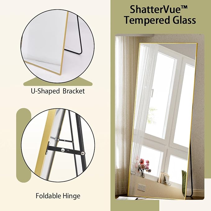 BEAUTYPEAK Full Length Mirror with Stand, 56"x21" Floor Mirror with Aluminum Alloy Thin Frame, ShatterVue Tempered Full Body Mirrors, Free Standing or Wall-Mounted Mirrors for Living Room, Gold