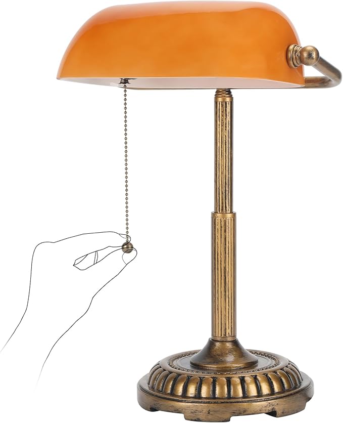 NISSAFORS Bankers Lamp, Amber Desk Lamp with Pull Switch, Vintage Table Lamps for Home Office, Library, Piano (Amber)