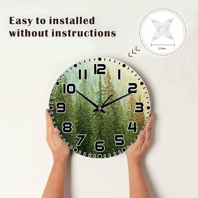 Fir Tree Wall Clock 10 inch Round Healthy Green Tree Silent Non Ticking Wood Wall Clocks Battery Operated Easy to Read Decorative Wall Clock for Bedroom Kitchen Living Room Bathroom