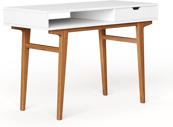 White Computer Desk with Drawers - 45 inch Minimalist Small Solid Wood Mid-Century Modern Office Desk for Home - Boho Style Writing Table with Open Storage,Light Wooden Desk Workspace