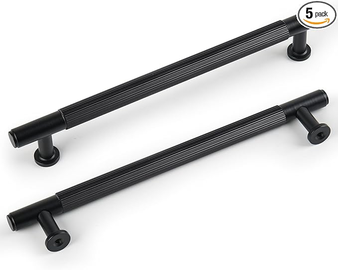 Matt Black Kitchen Cabinet Pulls, 5 Pack 6-3/10 Inch Solid Brass Drawer Dresser Handles, Modern Furniture Door Pulls for Bathroom Cabinet Cupboard Wardrobe Closet Hardware
