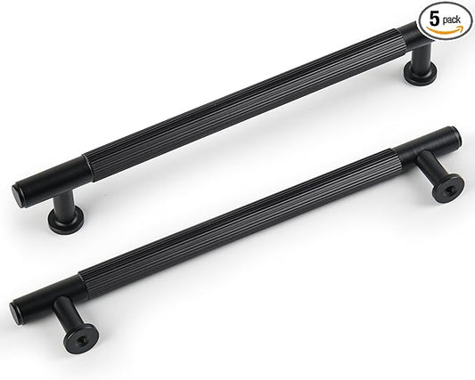 Matt Black Kitchen Cabinet Pulls, 5 Pack 6-3/10 Inch Solid Brass Drawer Dresser Handles, Modern Furniture Door Pulls for Bathroom Cabinet Cupboard Wardrobe Closet Hardware