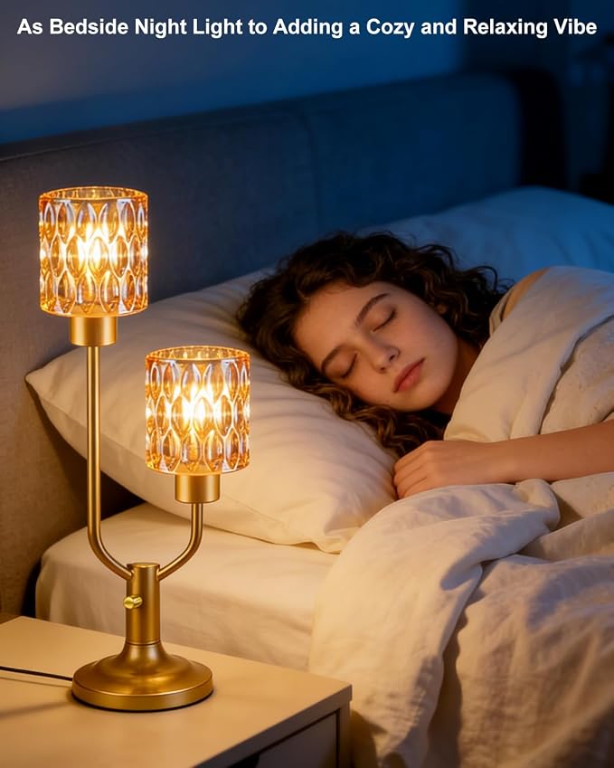 Lightdot Mid Century Modern Table Lamp for Living Room Dimmable Nightstand Lamp Amber Glass Vintage Gold Desk Lamp 2 Bulbs Included Warmwhite Ambient Bedside Lamps for Bedroom Home Office Decor Gift