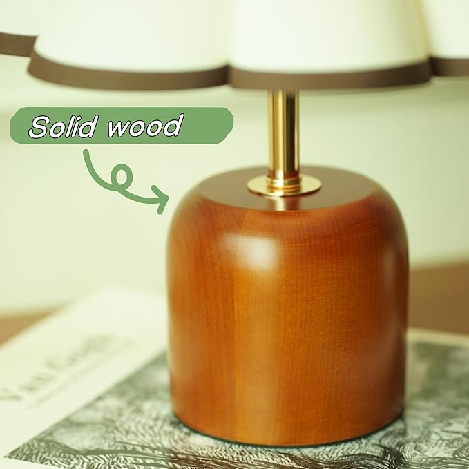 Cute Small Table Lamp, Vintage Mid Century Modern Bedside Nightstand Lamp with Coffee Fabric Lampshade,Solid Wood Base Brown for Bedroom Home Office Decor (Without Buld)