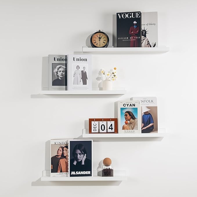 NEXHOME PRO Floating Shelves for Wall Set of 4,24 Inches Picture Ledge Shelf, Kids Bookshelf Wall Mounted for Living Room Bedroom Bathroom Kitchen, Easy Install,White