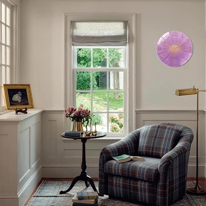16 Inch Purple Sunburst Glass Wall Clock Silent Art Decor | Silent glossy clock with a purple sunburst and rose gold numbers, perfectly tracking time for your bedroom or living room