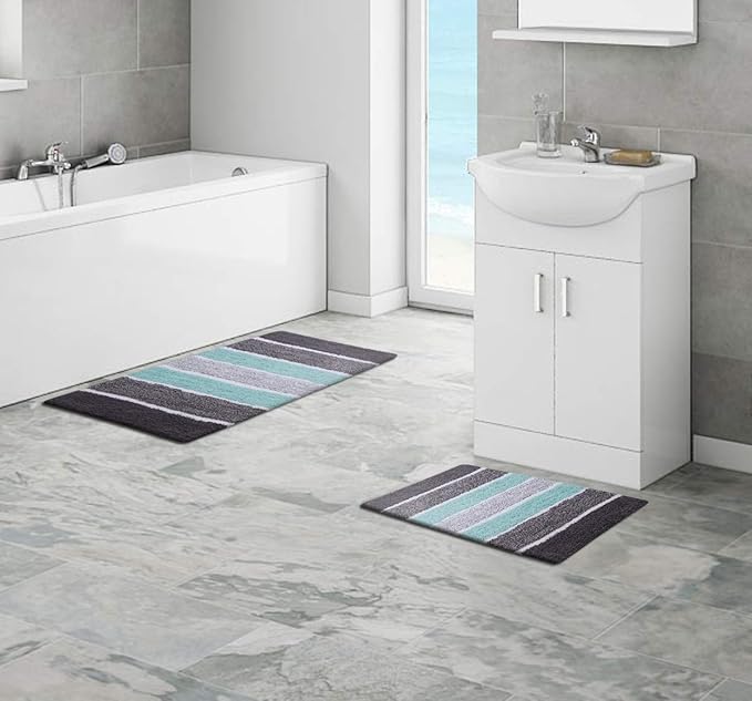 Bathroom Rugs Set 2 Piece Grey/Aqua Luxury Stripe Non-Slip Cotton Bath Mats for Bathroom Floor |Quick Dry Shaggy Carpet for Tub Spa Shower|Living Room Entry Way Door Mats |21x32 & 17x24 Inches