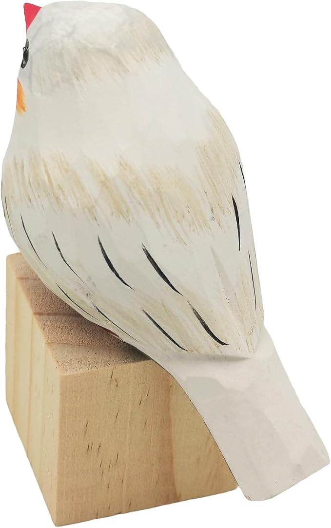 DIYOMR Bird Figurine, Hand Carved Birds Wood Décor, Art Animal Wooden Sculpted Bird with Wood Block, Vivid Bird Statue for Gift Home Table Ornament Decor (Pearl Bird)