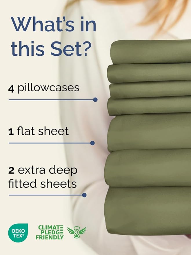 Extra Deep Split King Sheet Set - 7 Piece Breathable and Cooling Sheets - Hotel Luxury Bedding for Women, Men, Kids & Teens - Easy Secure Fit - Soft & Wrinkle Free - Extra Deep Pockets - Sage Green