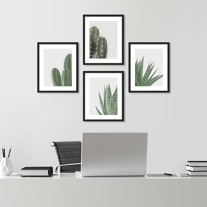 SIGNWIN Framed Green Cactus Snake Plant Wall Art, Set of 4 Collage Desert Landscape Wall Decor Prints, Nature Wilderness Wall Décor for Living Room, Bedroom - 12"x16" Black