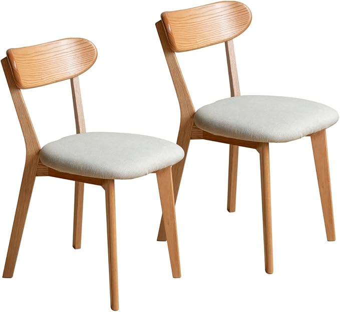 100% Solid Wood Dining Room Chairs - Practical Kitchen Chairs - Wood Chair for Dining Room, Kitchen (2, Natural with White Cushion)