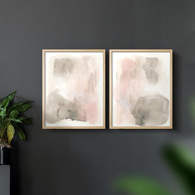Renditions Gallery Set of 2 Peel & Stick Framed Prints, Watercolor Abstract Wall Art, Nude Color Neutral Aesthetic Wall Decor, Re-Stickable - Ready to Hang - 22"x28" - NATURAL WOOD Frame LT588