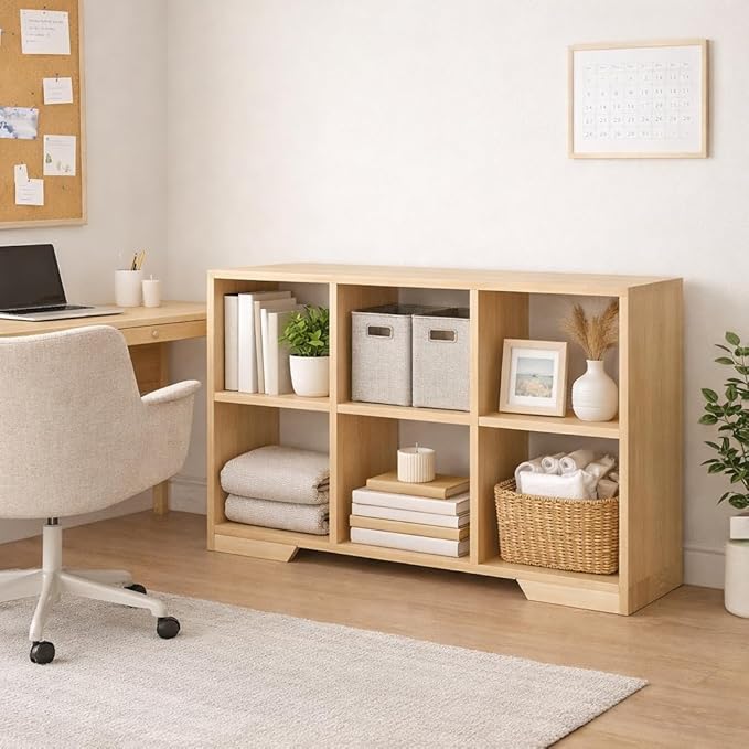 6 Cube Storage Organizer Wooden Bookshelf, Cube Shelf Bookcase, Small Bookshelf Storage Organizer, Narrow Cube Storage Shelf for Bedroom, Small Bookshelf for Living Room and Office (Natural, 6 Cube)