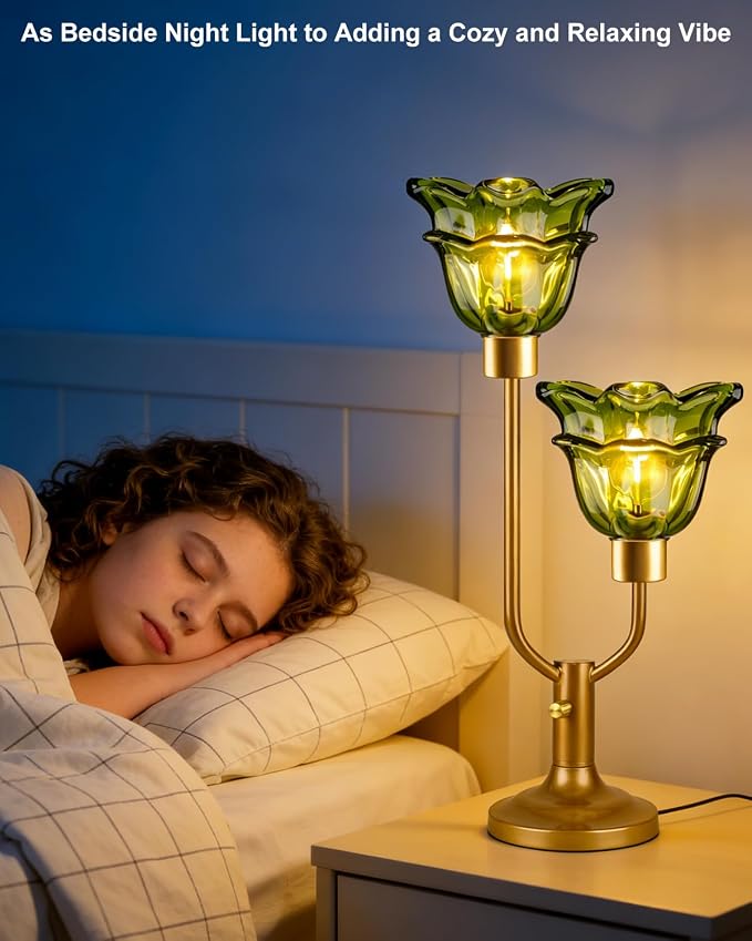 Lightdot Green Glass Flower Table Lamp Dimmable Nightstand Lamp Mid Century Modern Vintage Gold Desk Lamp 2 Bulbs Included Warmwhite Ambient Bedside Lamp for Living Room Bedroom Home Office Decor Gift