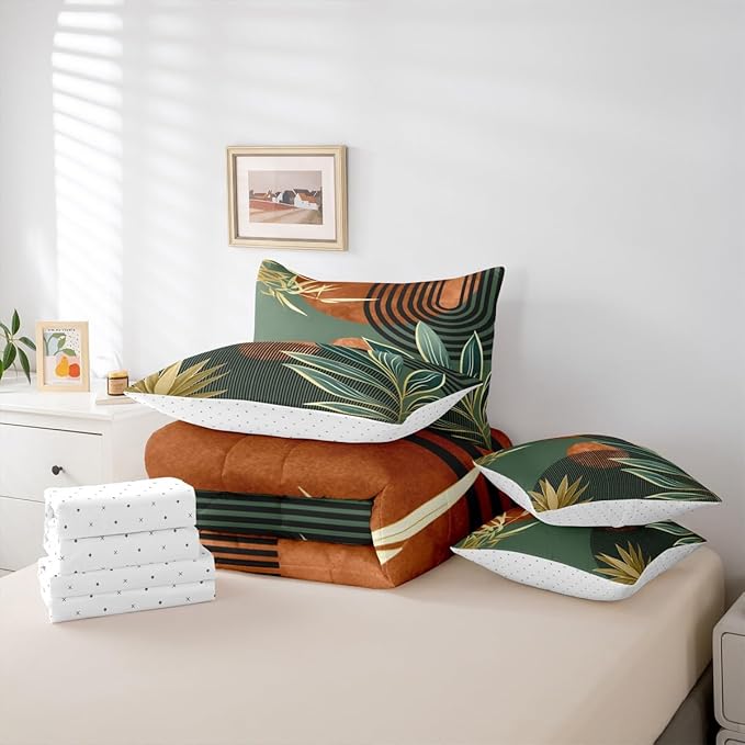 Erosebridal Mid Century Comforter Set King Size Vintage Bohemian 7 Pcs Bedding Sets,Modern Minimalist Bed in a Bag Abstract Geometric Stripes Art Quilt with Flat Fitted Sheet,Green Orange