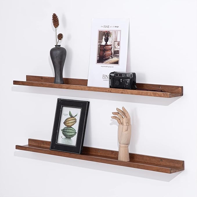 AZSKY 36 Inch Picture Ledge Shelf Rustic Wall Mount Light Walnut Long Narrow Picture Shelves Storage for Books Music Albums Green Plants-Photo Ledge Shelf Set of 3 Mounting Hardware Include