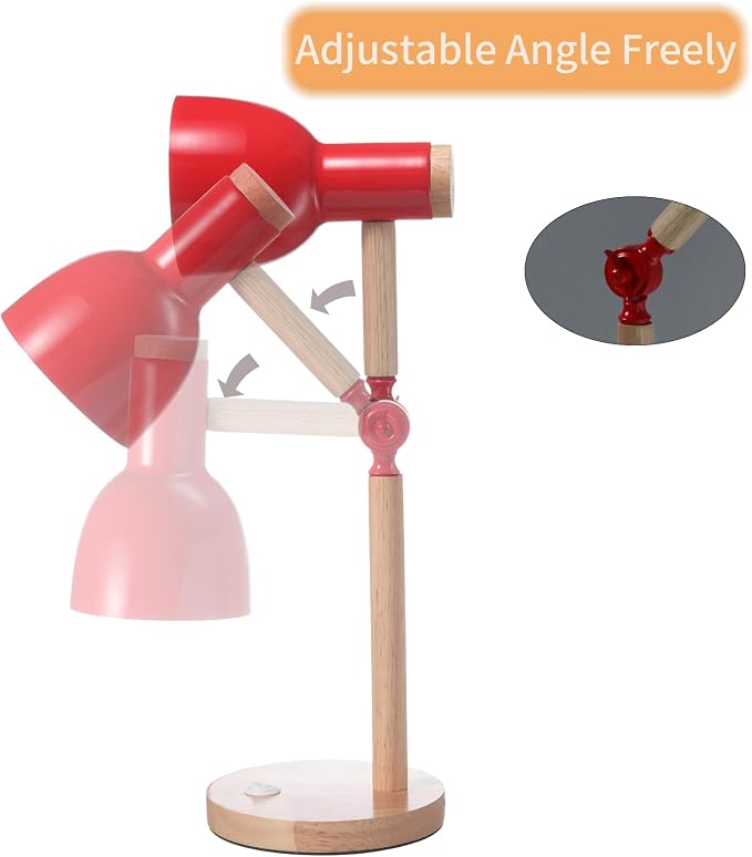Desk Lamp,Wooden Adjustable Tri-Color Table & Bedside Lamp for Office, Living Room, Bedroom & Kids Room (red)