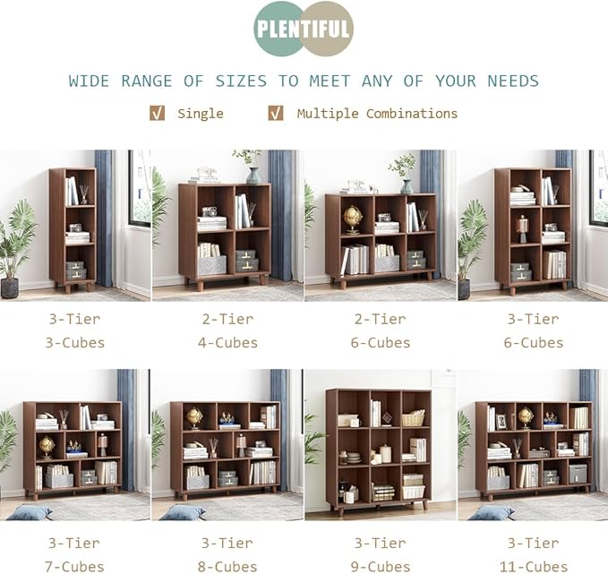 IOTXY Open Cube Low Bookcase - 3-Tier Freestanding Storage Display Cabinet Organizer with Legs for Home Office, 6-Cubes Open Shelf Short Bookshelf, Walnut